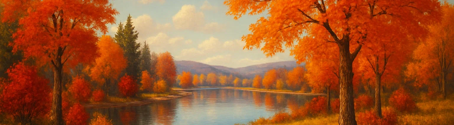 Indian summer, lake and fall color leaves on trees.